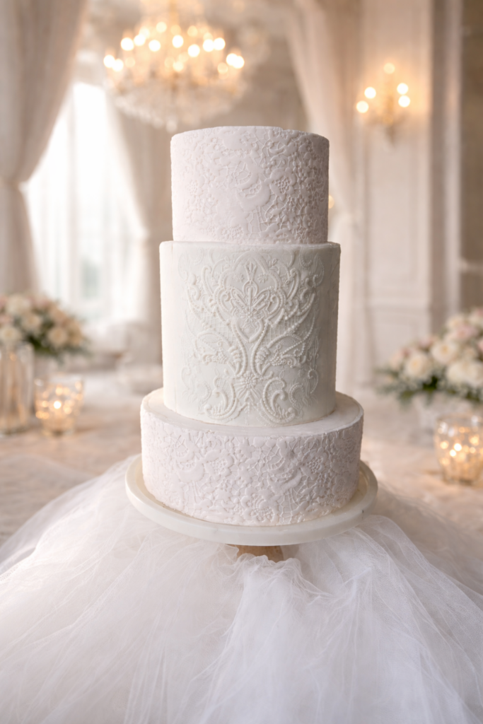 Three‑tier white wedding cake with intricate lace‑inspired textured fondant, displayed in an elegant ballroom with chandeliers.