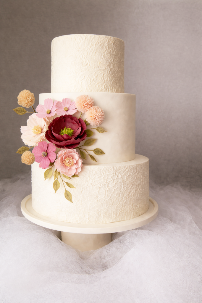 Elegant Three‑Tier Wedding Cake with Pink Florals