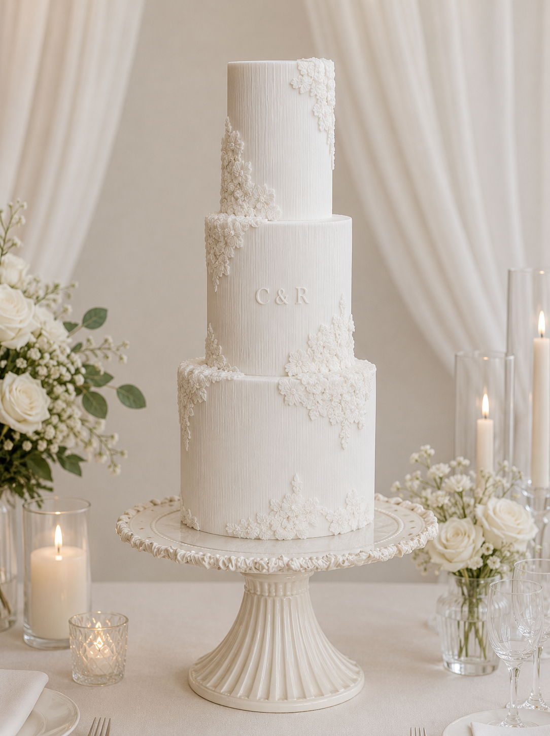 Modern Ivory Wedding Cake with Textured Buttercream, Monogram and Fondant Flowers